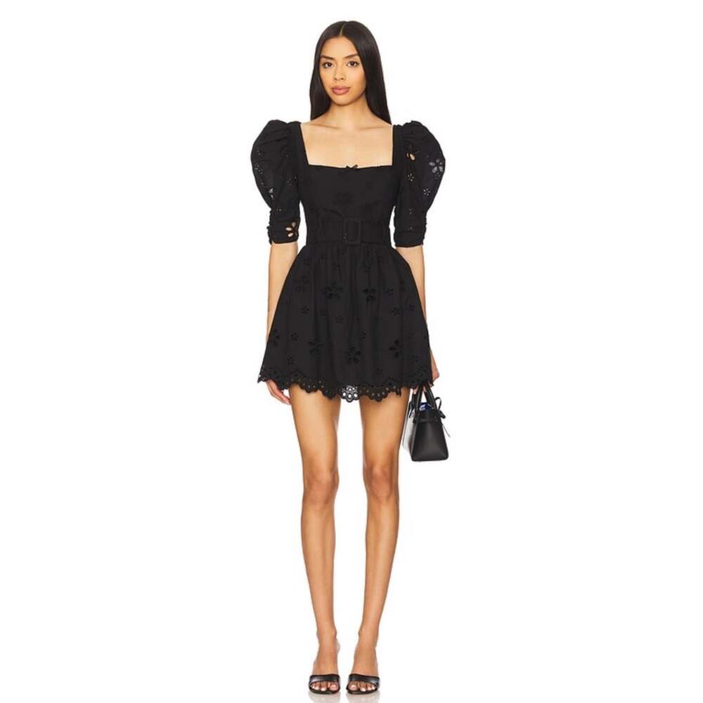 For Love & Lemons Daisy Eyelet Mini Dress Black Size Medium Puff Sleeve Cotton